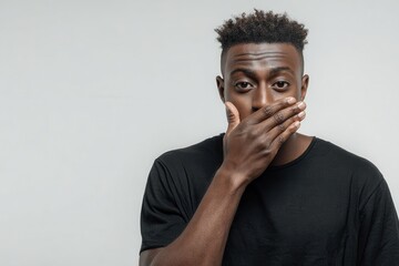 A dark skinned young man in a black t shirt appears shocked and silent covering his mouth with his hand against a white background