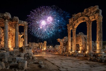 Fototapeta premium Spectacular fireworks over ancient roman ruins at night