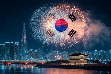 Spectacular fireworks display over seoul skyline with korean flag