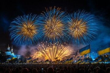 Obraz premium Vibrant fireworks over crowd waving ukrainian flags at night celebration event