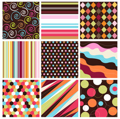 A vibrant and colorful geometric patchwork pattern shown in two different color variations side-by-side