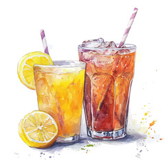 Cold Drink Sunny Market, watercolor illustration vector, isolated on a white background.