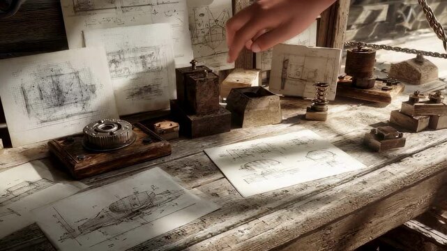 Engineer is designing machine parts and prototypes on a weathered wooden desk, illuminated by natural light, with technical drawings and various components scattered around the workspace