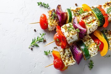 Grilled vegetarian skewers featuring halloumi and veggies on a blank background