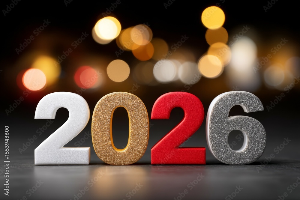 Poster colorful 2026 numbers with bokeh lights in background