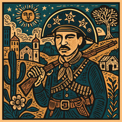 Brazilian cangaceiro. Cordel northeast woodcut vector illustration