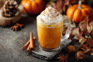 Cinnamon and nutmeg spicy pumpkin drink topped with cream for autumn or winter