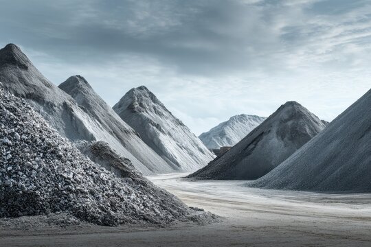Extraction and handling of platinum palladium ore with piles of rock being transported and stored
