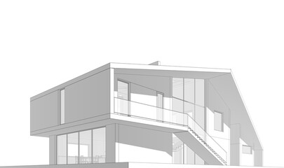 Modern house building with pitched roof. Architectural sketch 3d rendering