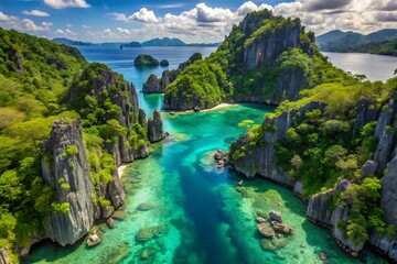 Aerial view of a tropical bay with lush green islands and crystal clear turquoise water