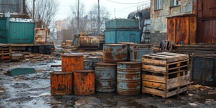 Rusty Metal Barrels and Wooden Pallets in Industrial Yard