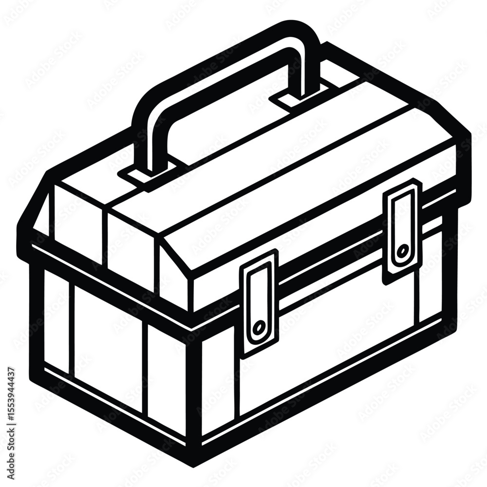 Poster simple black and white line art icon representing a toolbox with various tools