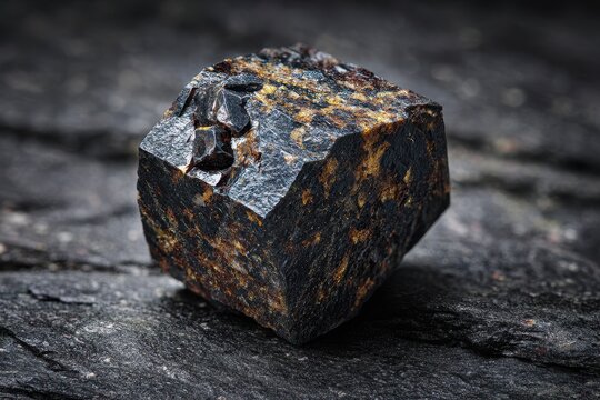 Close up of Knopite mineral specimen on dark granite from Afrikanda Kola Peninsula Russia