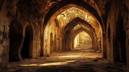Obraz premium Ancient Stone Archways in Warm Sunset Light Creating Mystical Atmosphere