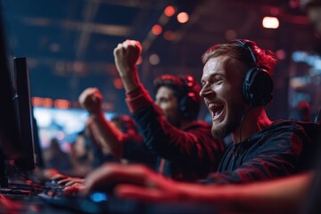 Obraz premium Pro gaming team competes in a championship arena celebrating their round win with high fives Online esports tournament broadcast