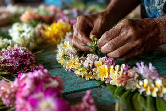 Lei crafting with gorgeous blooms in Hawaii - Powered by Adobe