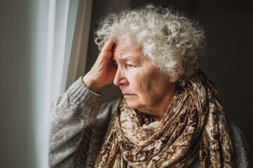 Distressed elderly woman in a retirement home suffering from loss illness or cognitive issues