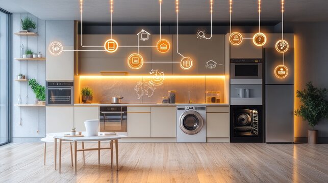 Futuristic smart home kitchen with connected devices offering seamless automation