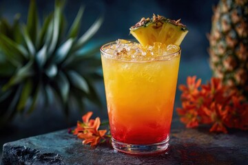 Malibu Sunset Cocktail served in a glass with pineapple garnish