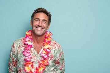 Middle aged man in a summer shirt and Hawaiian lei smiling happily A fortunate individual