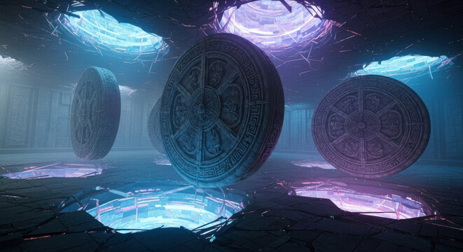 Ancient stone discs floating in futuristic sci fi temple with neon lights and glowing portals scene