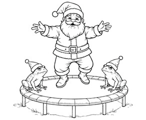 Santa Bouncing on Trampoline with Frogs in Christmas Hats – Fun Holiday Coloring Page