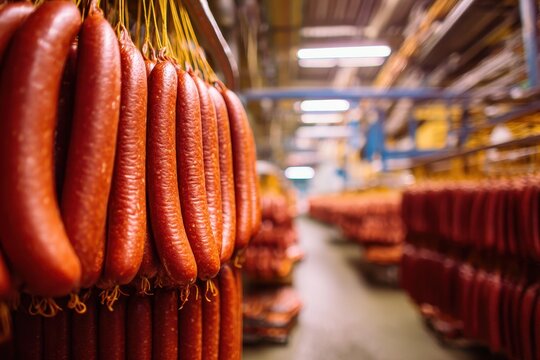 Many Frankfurter sausages stored in the warehouse