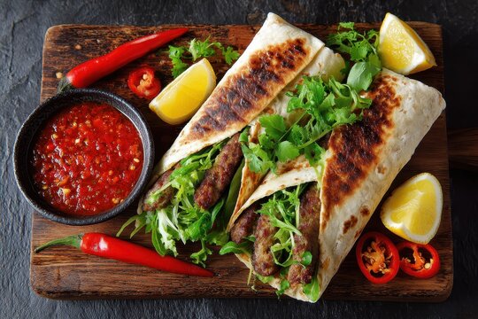 Lamb kebab wrap Seasoned grilled lamb and salad in flatbread accompanied by chili sauce lemon and sliced chilies