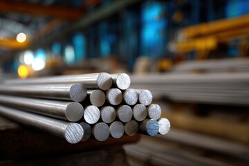 Metal rods made of aluminum in a factory or storage facility