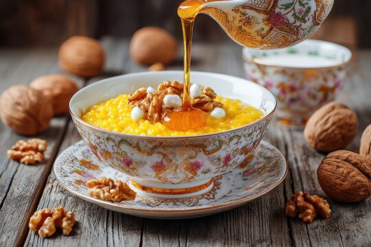 Milk rice pumpkin porridge topped with walnuts and honey - Powered by Adobe