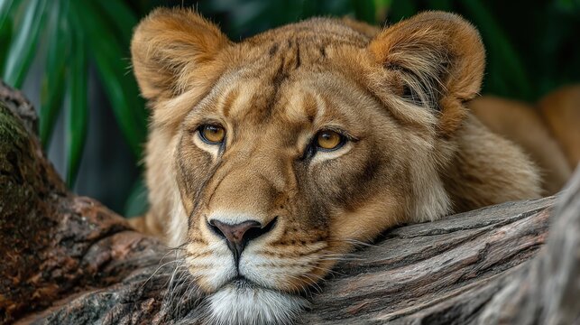 Close-up portrait of a majestic lioness resting on a textured tree trunk