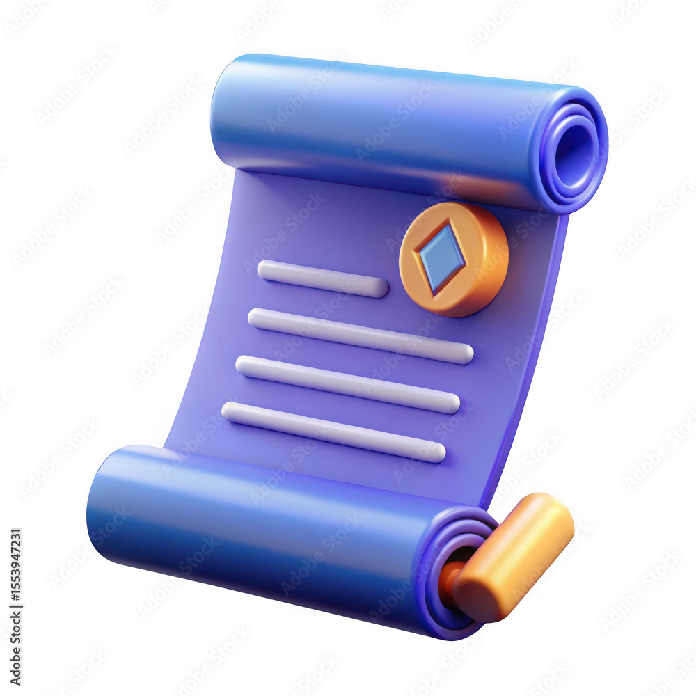 Poster 3d cartoon scroll document with seal isolated on transparent background