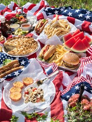 Festive Fourth of July Picnic with Classic American Food and Flag