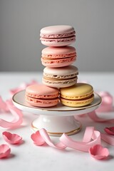 Stack of Pastel Macarons on White Plate. Elegant Dessert Photo with Ribbon and Dried Rose Petals background.