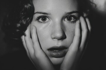 Monochrome image of a frightened woman
