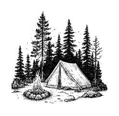 A minimalist ink drawing of a campsite at night, featuring a canvas tent, campfire, and pine trees dusted with sparkling lights