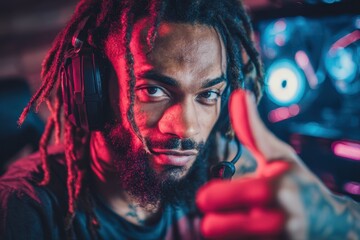 Male African American gamer with dreadlocks giving a thumbs up while playing online in an esports venue Empty space available