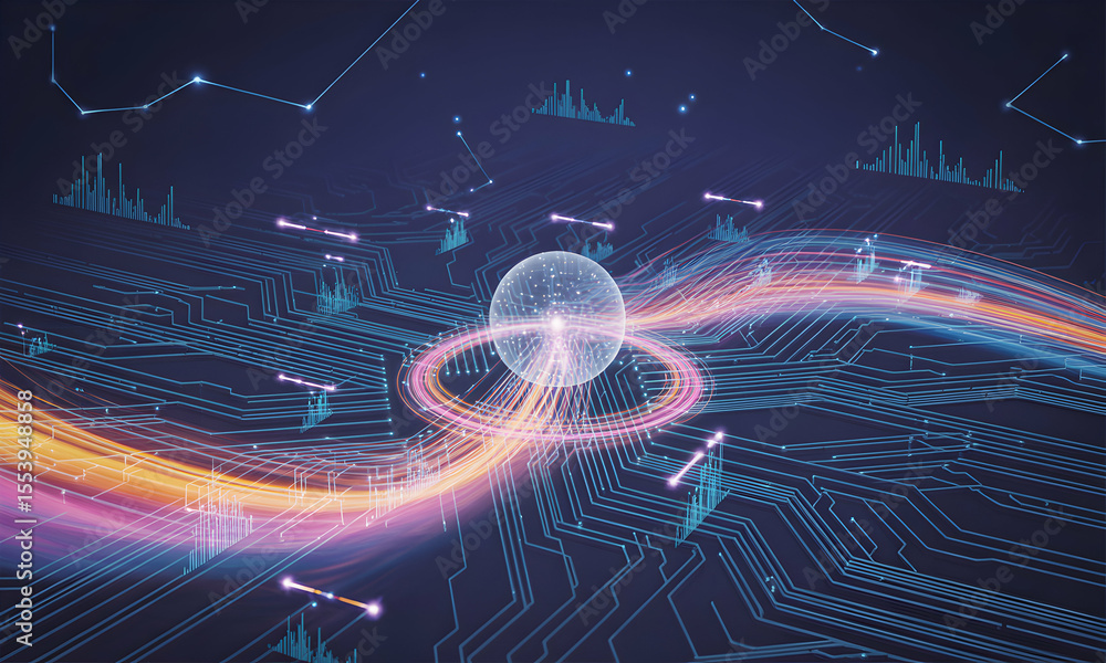 Poster abstract digital circuit board with glowing data sphere