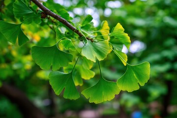 Close up of a Ginkgo Biloba tree with uniquely shaped green leaves set against lush park foliage