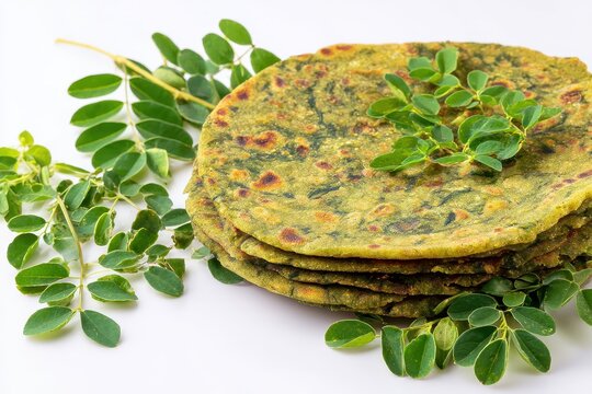Moringa flatbread made from whole wheat and spices featuring moringa leaves displayed on a white background