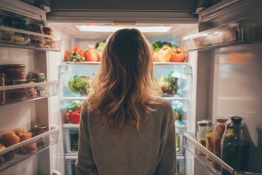 A Caucasian woman gazes into her empty fridge at home using a phone app to order groceries