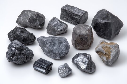 collection of different rough gray minerals e g graphite stibnite marble coal andesite sphalerite wolframite magnetite hematite pisolite bismuthinite cuprite against a white ba