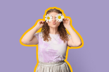 Beautiful young woman with chamomile flowers on lilac background
