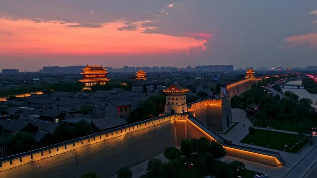 Xi'an City Wall at Sunset: Captivating view of historic architecture and twilight sky
