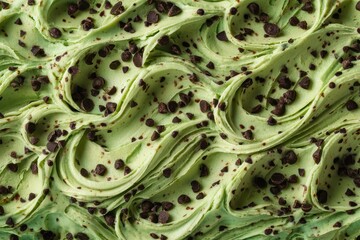Close up of pistachio ice cream with chocolate chips from above Design template