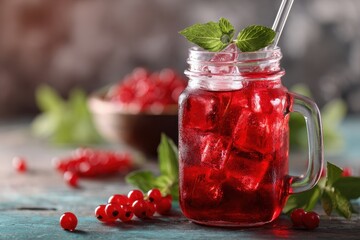 Close up of red berry lemonade or iced tea with mint Refreshing summer beverage