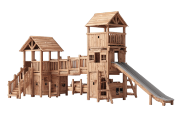 Wooden playground complex with multiple levels and slide