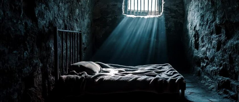Dark stone cell interior with sunlight streaming through window onto metal bed and blanket in gloomy atmosphere.