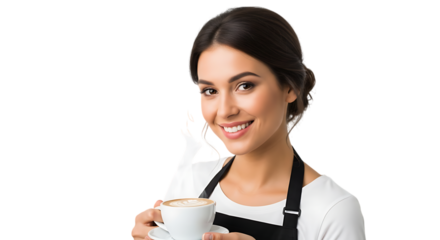 Happy Barista Woman Holding a Cup of Coffee with Latte Art Smiling at the Camera Isolated on Transparent Background Professional and Friendly Portrait
