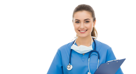 Smiling female nurse with stethoscope and clipboard wearing blue scrubs isolated on black background representing healthcare professionals and medical staff